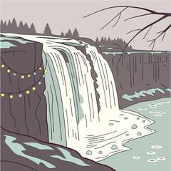 Winter Waterfall Decorated with Holiday Lights