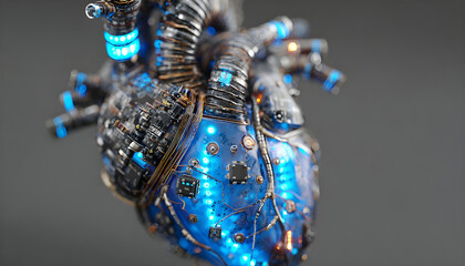 A futuristic metallic robotic heart embedded with circuitry and glowing blue LEDs