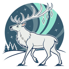 White Reindeer (Caribou) with Northern Lights Background