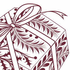 Close-up of Gift Box with Christmas Pattern and Bow. Vector Outline.
