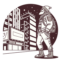 Modern Man in Winter Clothes in Cityscape. Vector Outline.