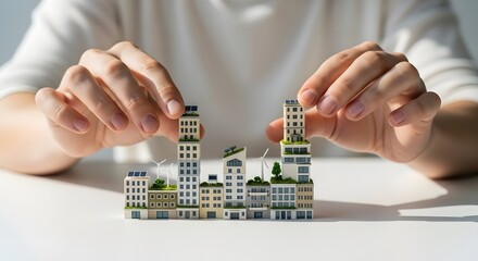 Hands constructing a miniature cityscape with solar panels and wind turbines, symbolizing green construction, urban planning, sustainability, and renewable energy development.