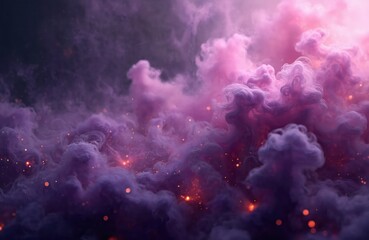 Purple smoke mist fog on particles embers background. Abstract cloud sky light dark space storm texture. Colorful purple pink red clouds with glowing dots.