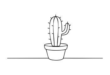 Minimalist one-line drawing of a potted cactus, depicting a simple houseplant in a continuous stroke style on a clean white background.