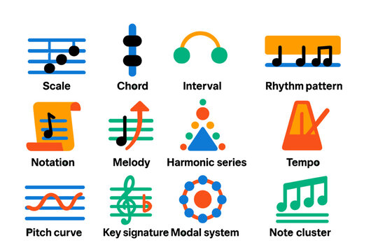Ancient Music Theory Icons. Flat vector icons of ancient music theory concepts: scale diagram, chord icon, interval lines, rhythm