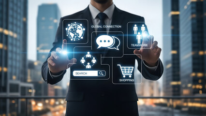 Businessman interacting with futuristic digital interface displaying business icons and data in a modern city