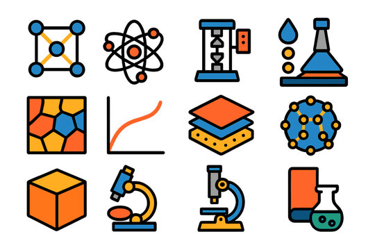 Material Science Icons. Flat vector icons of materials science: crystal lattice, atomic structure, tensile test machine, hardness