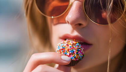 A close-up shot of someone enjoying a sweet treat