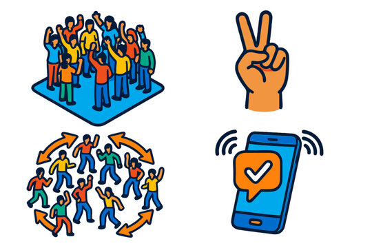 Flash Mob Coordination. Isometric vector illustration set Social coordination in flash mobs: people gathering in public squares,