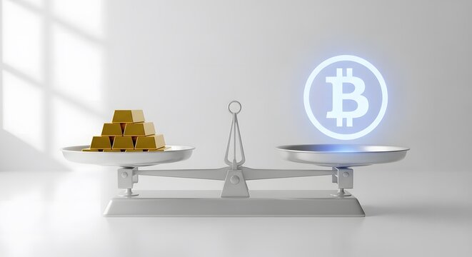 Weight scale balancing physical gold bars against a digital Bitcoin symbol, representing the competition, valuation, and balance between traditional and crypto investment.
- Powered by Adobe