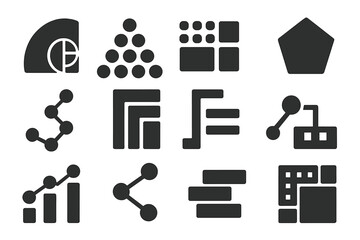 Integer Sequences Icons. Solid style icons of integer sequences: Fibonacci spiral, triangular number stack, square number dots,