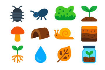 Naklejka premium Bioactive Vivarium Icons. Flat vector icons of Bioactive Vivarium: isopod, springtail, moss patch, seedling, fungal sprout, bark