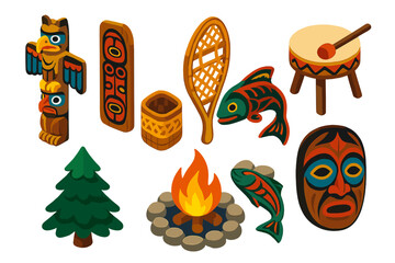 Fototapeta premium Cultural Heritage Icons. Isometric vector illustration set Cultural heritage – indigenous totem pole, longhouse plank, drum