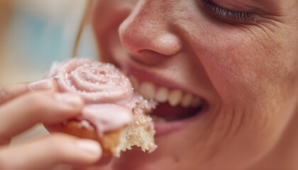 A close-up shot of someone enjoying a sweet treat
