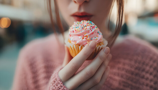 A close-up shot of someone enjoying a sweet treat