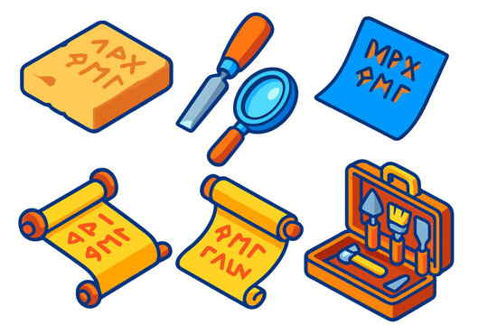 Epigraphy Tools Icons. Isometric vector illustration set Epigraphy: stone tablet, engraved chisel, magnifying glass, inscription
