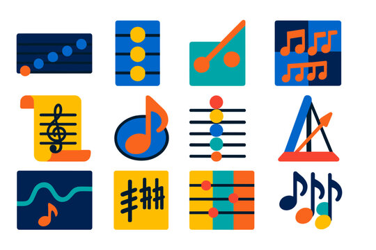 Ancient Music Theory Icons. Flat vector icons of ancient music theory concepts: scale diagram, chord icon, interval lines, rhythm