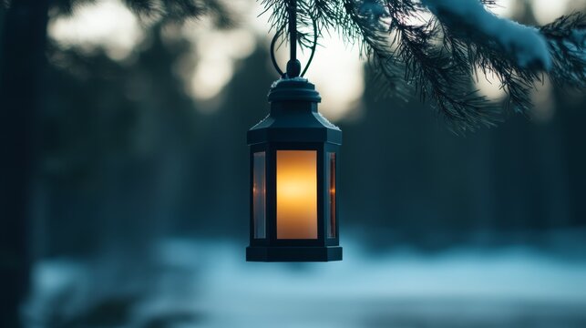 A cozy warm lantern casts a gentle glow, illuminating a beautiful snowy branch amidst a peaceful winter landscape - Powered by Adobe
