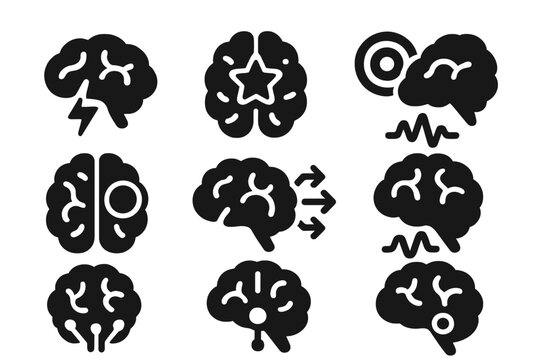 Motivation Brain Icons. Solid style icons of brain-based motivation: dopamine pulse icon, brain with achievement star, goal