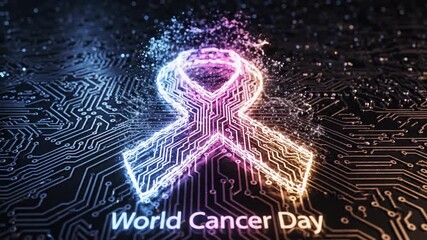 Digital Security Awareness Ribbon for World Cancer Day on Circuit Board Background - Glowing Support Concept