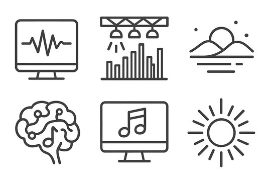 AI Music Icons. Line style icons of AI-generated music visuals: waveform from algorithm, beat-mapped light design, ambient audio