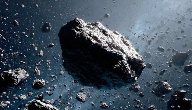 A large rock sits amidst a sea of smaller rocks in space