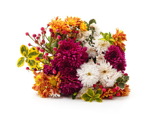 Mixed chrysanthemum bouquet isolated on white background.