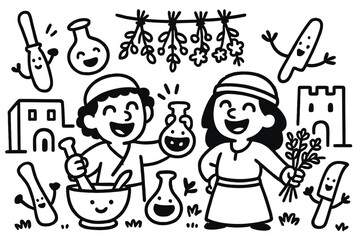 Obraz premium Joyful Ancient Medicine Scene. Joyful doodle ancient medicine scene with cartoon healers smiling, traditional tools with faces,