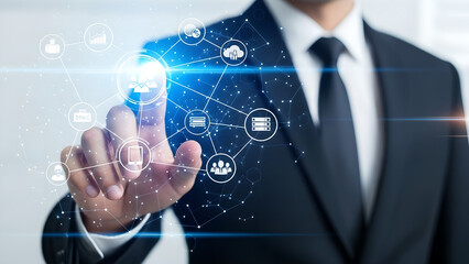 Businessman interacting with a futuristic digital network interface showing connection and data flow