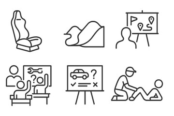 Rally Training Icons. Line style icons of training and simulation: rally simulator seat, terrain test track, navigation drill icon