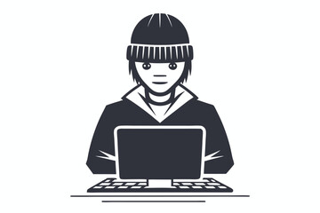 Serious hacker with a beanie swiftly types on the grid keyboard, focusing intensely