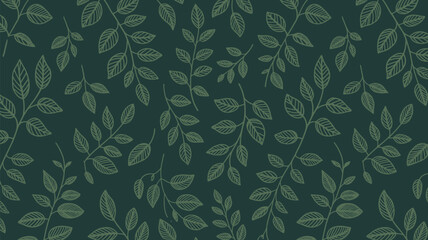 A seamless pattern featuring stylized leaf branches on a dark green background with a nature theme design