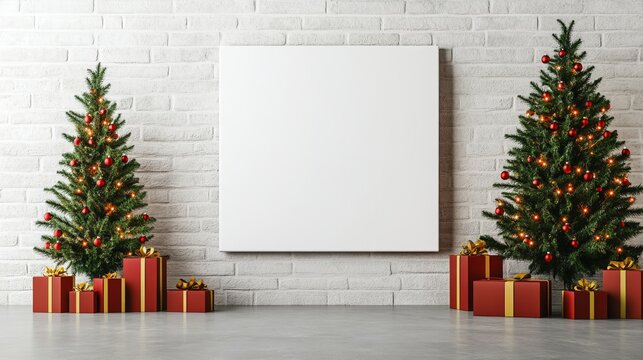 Festive Christmas setup with a beautiful tree, wrapped gifts, and a blank canvas for your customization