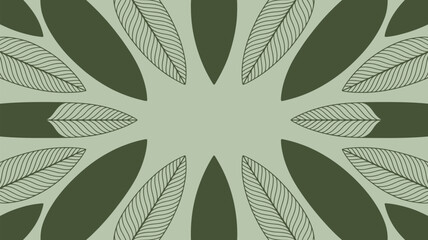 A symmetrical pattern of dark green leaves and outlined leaves on a light green background design art