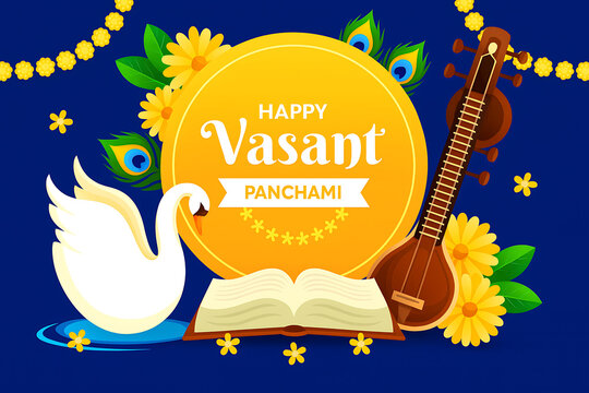 Happy vasant panchami saraswati puja banner design with a swan open book veena sitar instrument and yellow flowers garland on a deep blue background indian festival illustration