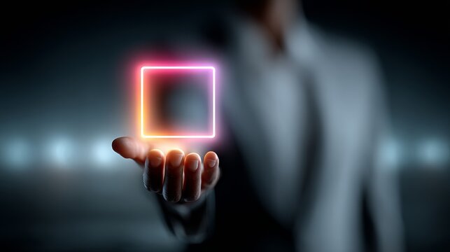 Innovative businessman presents vibrant glowing digital interface, showcasing futuristic technology and boundless possibilities for business growth