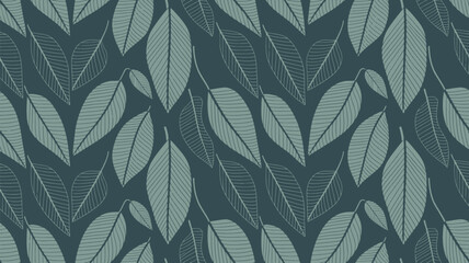 A repeating pattern of stylized leaves in shades of green and white on a dark teal background surface