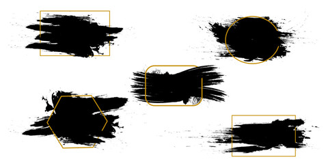 Set of abstract black brush stroke shapes with geometric frames. Grunge ink texture elements for banners, labels, social media templates, posters, packaging, logo design and creative graphic projects.