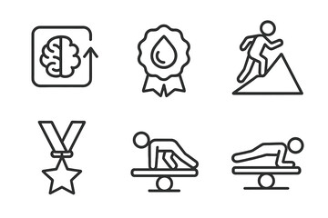 Training Achievement Icons. Line style icons of training achievements and badges: skill unlocked symbol, first drop badge, climb