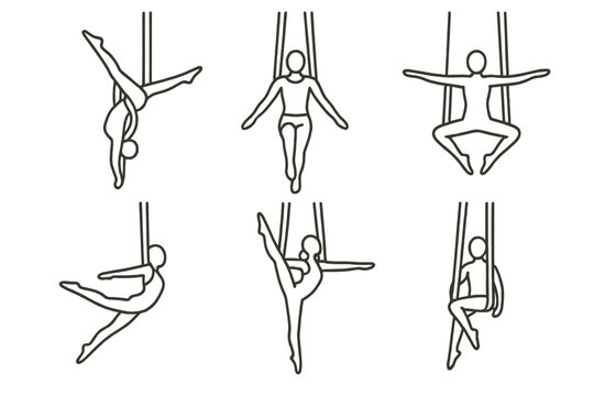 Aerial Silk Icons. Line style icons of intermediate aerial silk moves: inverted split hang, double wrap descent, open straddle