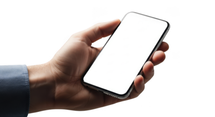 Hand holding a modern smartphone with blank white screen copy space