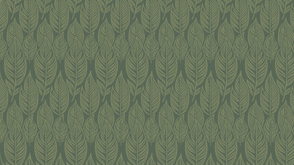 A repeating pattern of green leaves with detailed veins arranged closely together on a green background