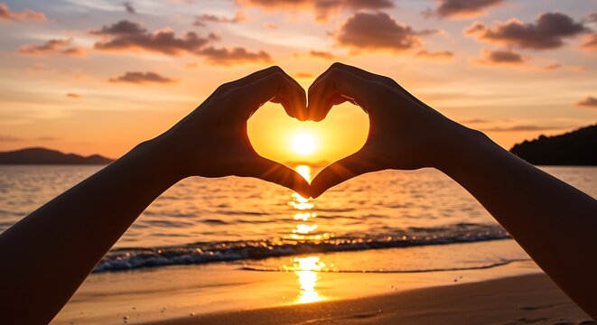 Heart shape hands at sunset beach, silhouette with golden sun reflection on ocean water waves