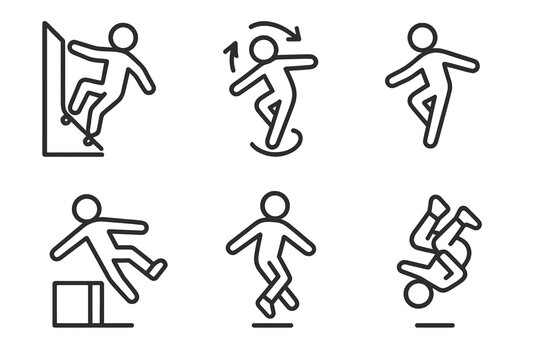 Trick Icons Showcase. Line style icons of unique tricks: wallride turn, spin jump form, one-foot land, obstacle vault pose,