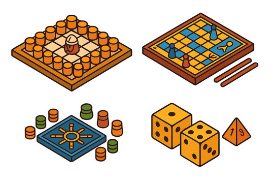 Cross-Cultural Game Icons. Isometric vector illustration set Cross-Cultural Game Elements: Viking hnefatafl layout, Egyptian senet