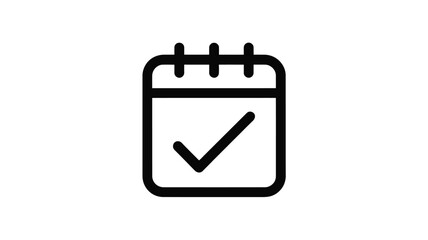 A simple black and white icon of a calendar with a check mark on the page representing completion