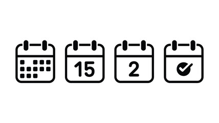 Four calendar icons showing different dates and a checkmark in black and white illustration style