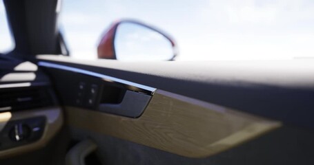A close view of a luxury cars interior highlights the polished wood trim and modern controls. Sunlight enhances the sophisticated design, creating an inviting atmosphere for passengers.