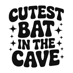 Cutes bat in the cave text with star accents in a bold retro style on a white isolated background