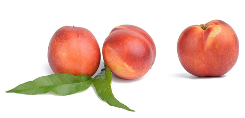 Three whole fresh nectarines with smooth skin and two green leaves.